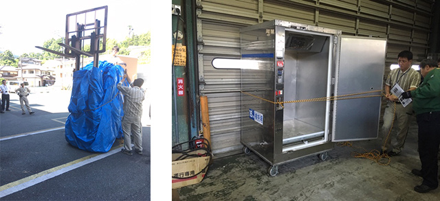 left: measures to protect forklifts from flooding, right: fixing cool boxes in place to ensure safety in the event of flooding